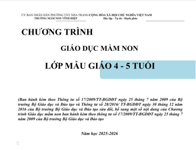 CHƯƠNG TRÌNH GIÁO DỤC LỚP MẪU GIÁO 4-5 TUỔI- NĂM HỌC 2025-2026